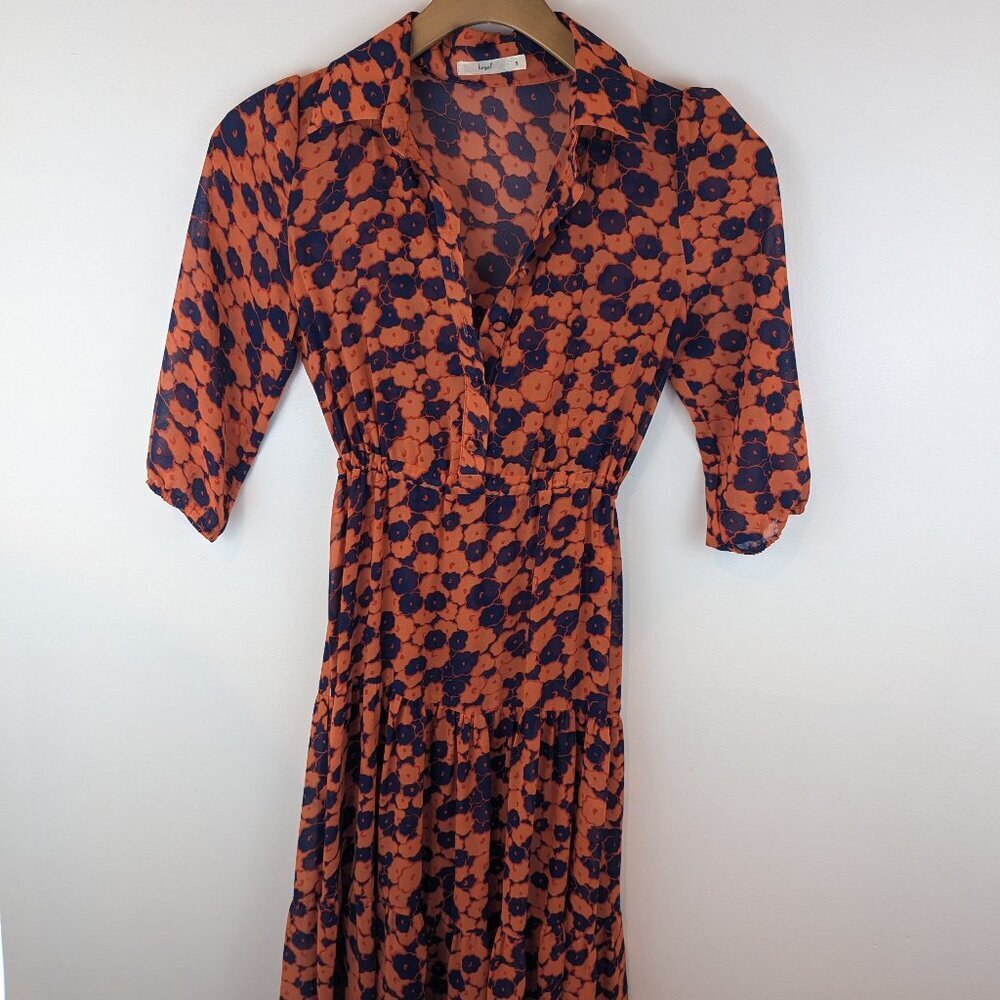 Hazel Blue/Orange Floral Print Sheer Long Sleeve Dress, Sz S